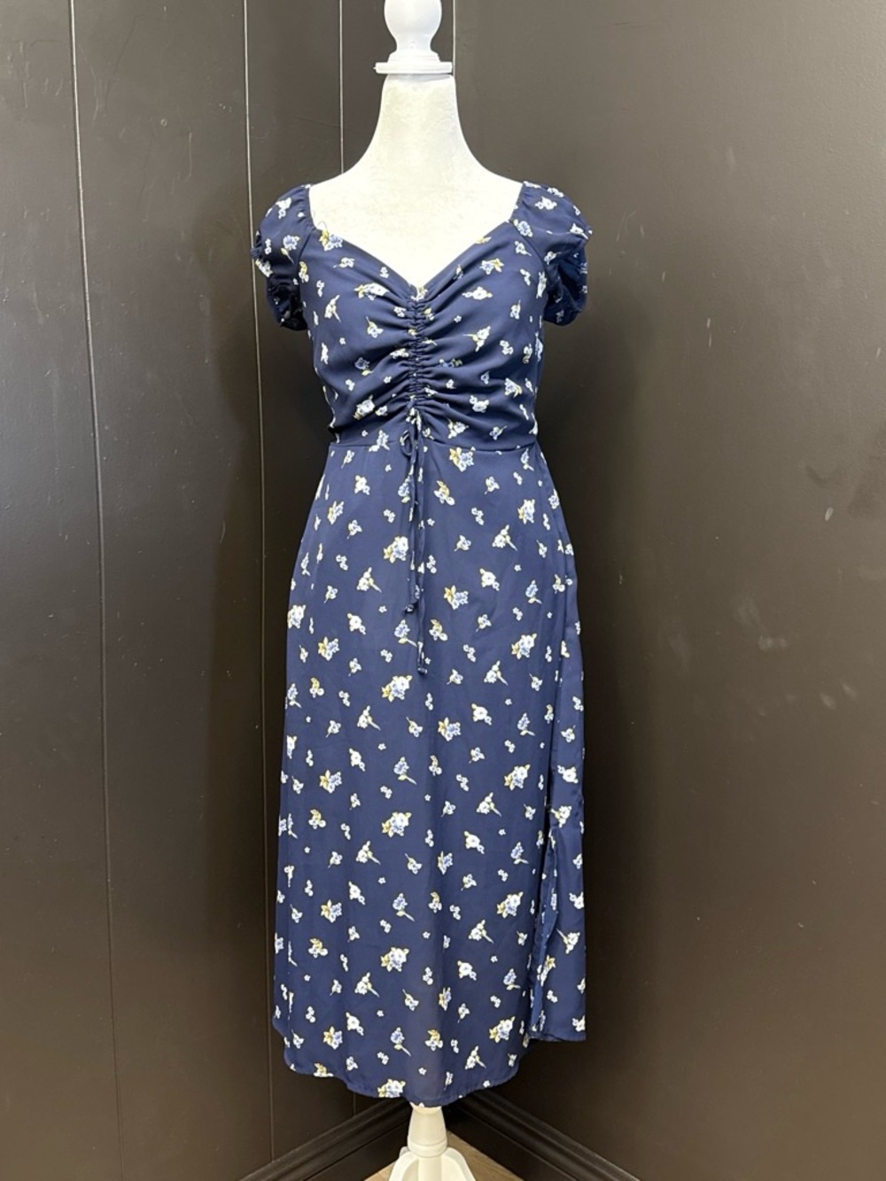 Ruched Navy Floral Midi Dress with Puff Sleeves